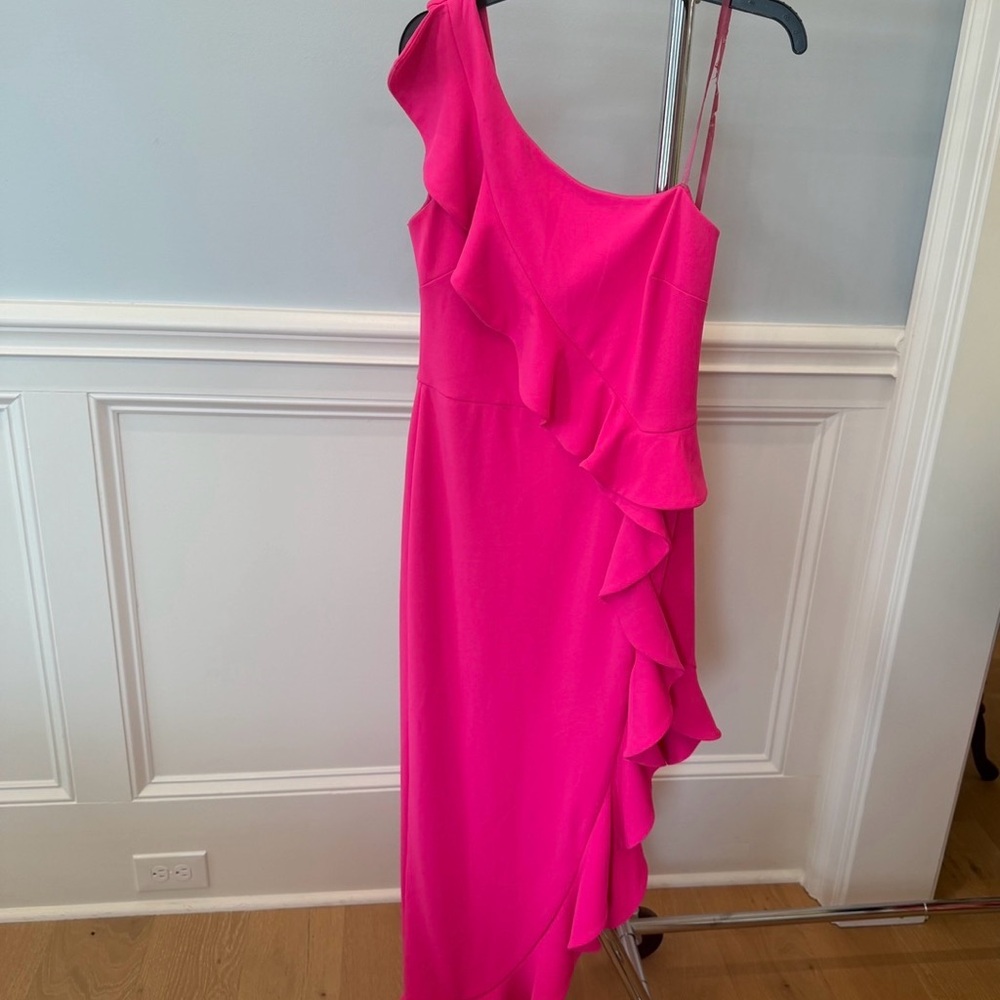 Betsy & Adam One-Shoulder Ruffle Maxi Dress in Hot Pink Size 10 NWT (flaw)